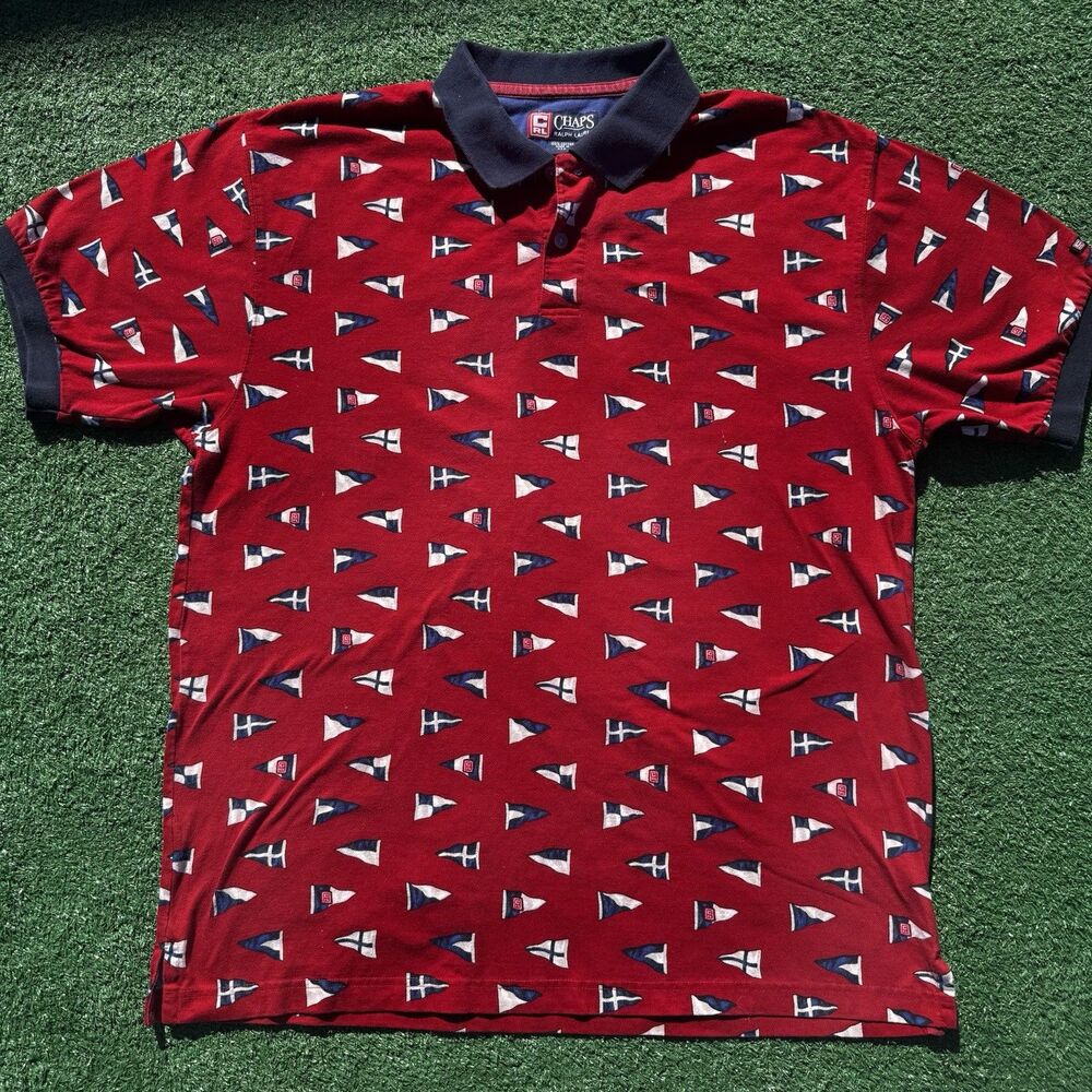 Vintage Chaps Ralph Lauren Polo Shirt Mens XL Red Nautical Flags USA All Over